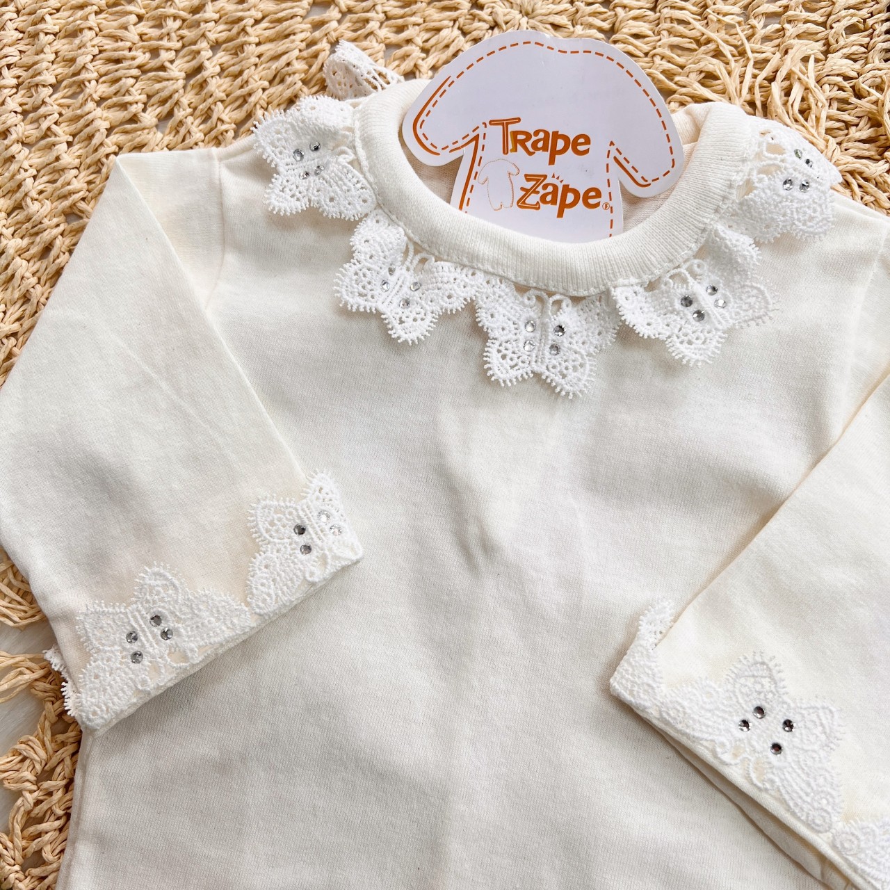  Body Gola Bordada- Renda Borboletas com Strass - Off White